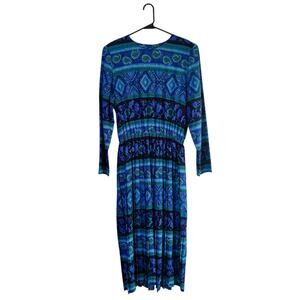 Vtg 80s Terri Ellen Blue Boho Print Pleated Long Sleeve Midi Dress 14 Tall